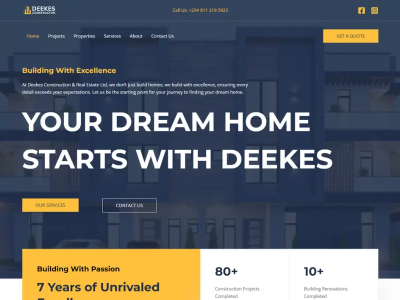 A screenshot of the Deekes Construction project website